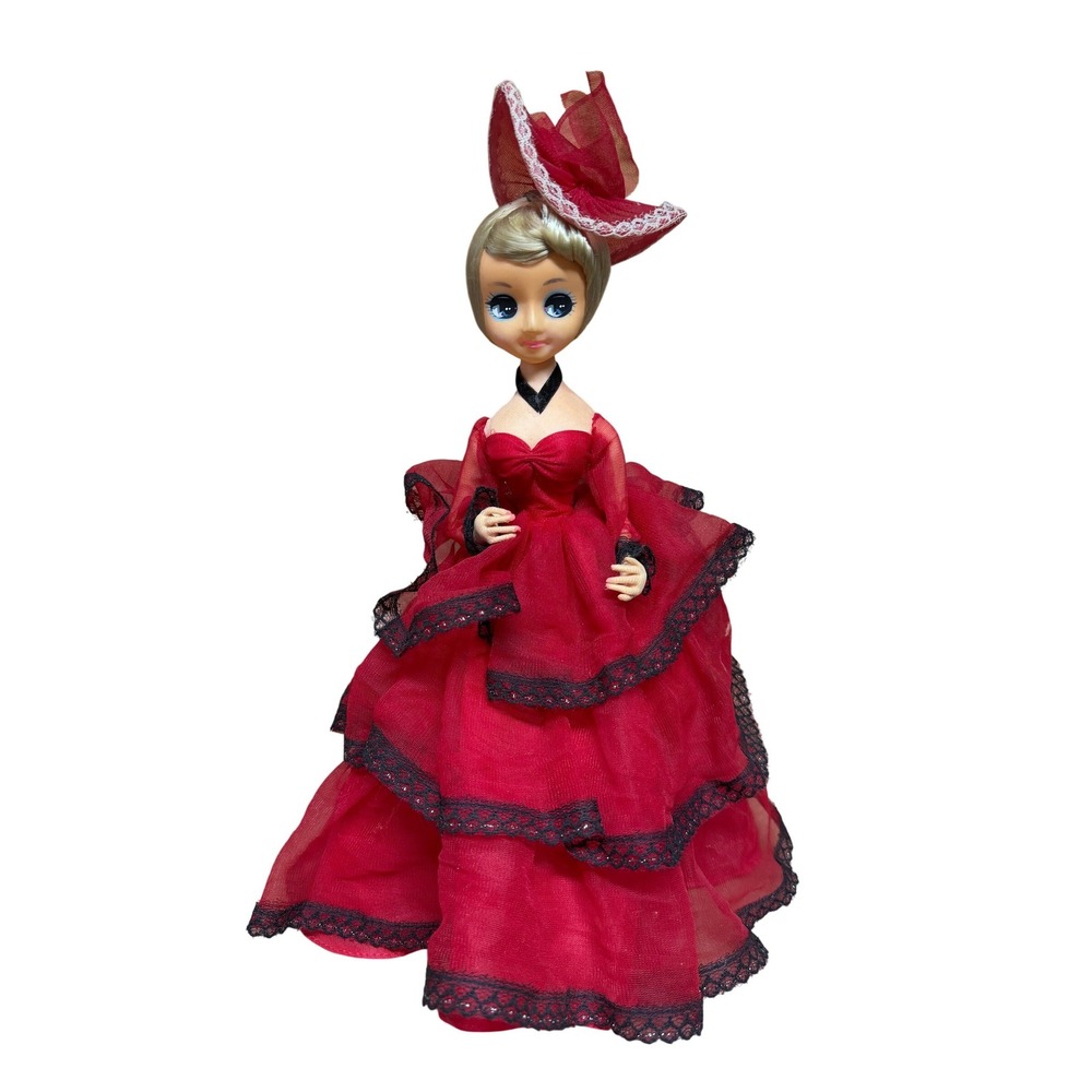 Vintage Big Eye‎ Pose Doll Red Lace Gown Southern Belle Bradley Style 1960s